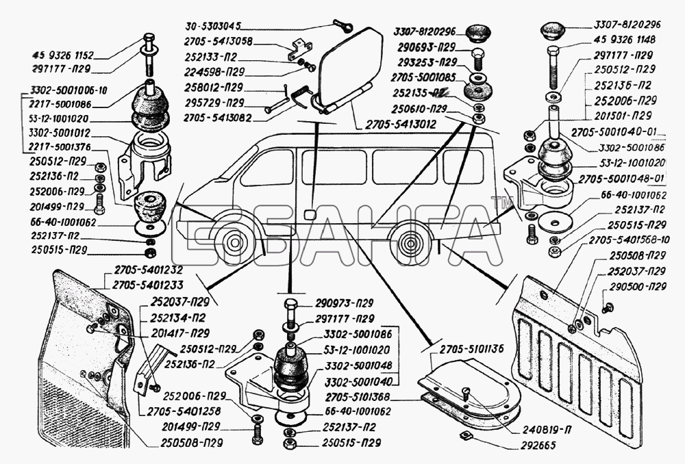 ГАЗ ГАЗ-2705 (дв. ЗМЗ-402) Схема Крепление кузова крышки люков